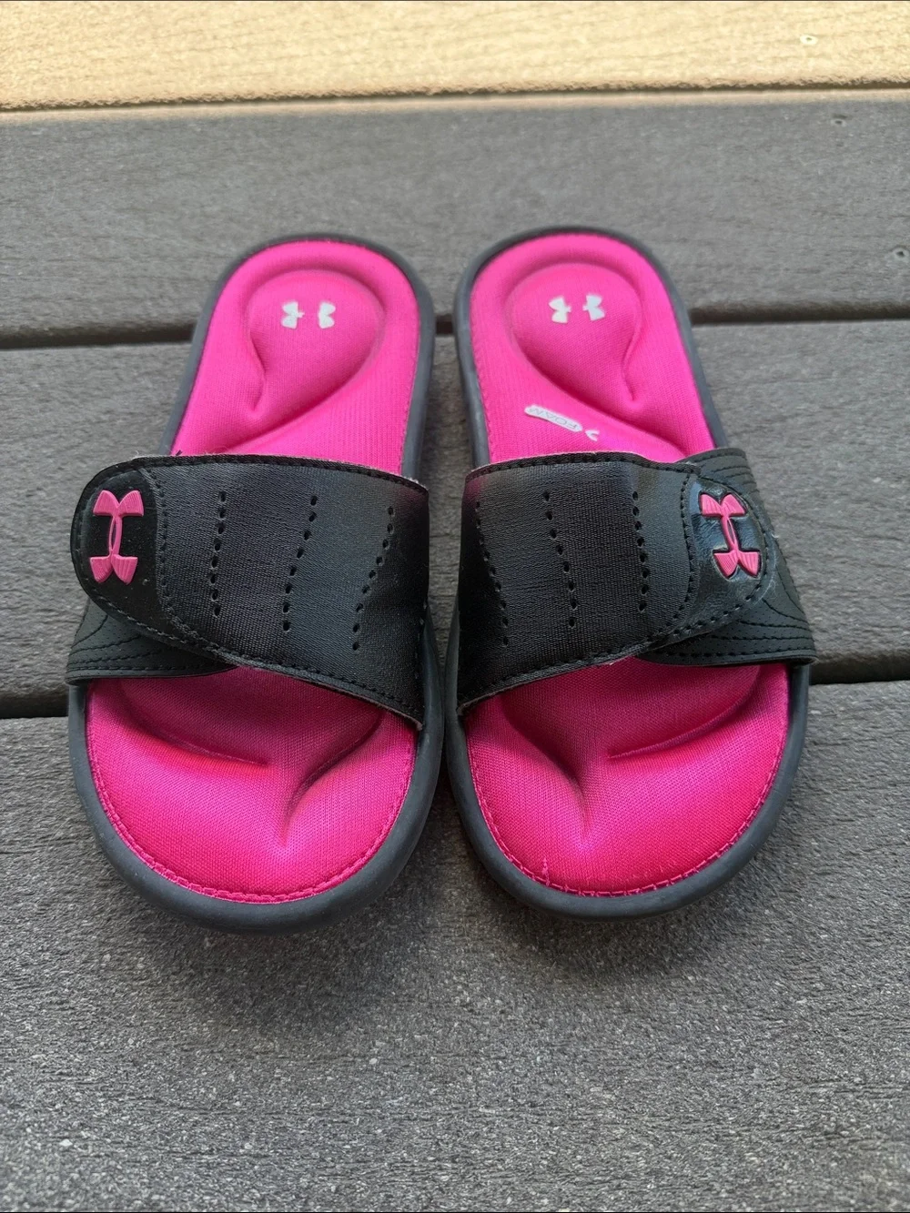 Under Armour Kids Black Slides with Bright Pink Footbed